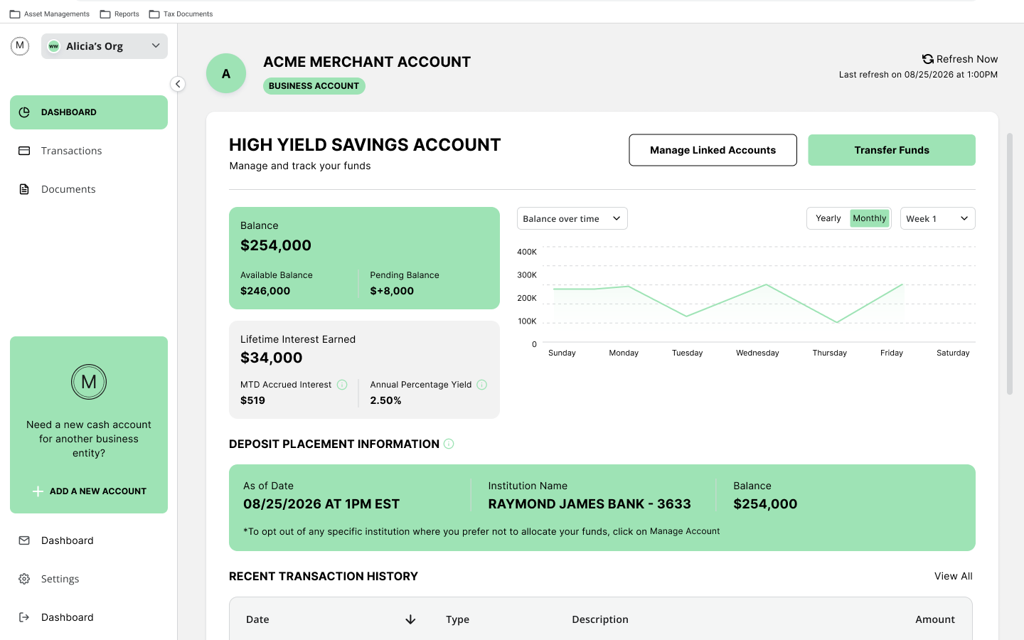 Browser window showing the MONA Payment Solutions savings account dashboard with account balance, lifetime interest earned, a balance over time chart, deposit placement information and recent transaction history